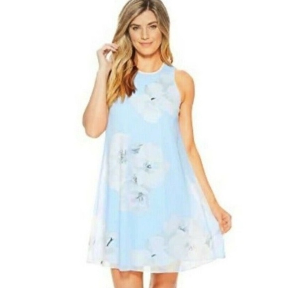 Calvin Klein Trapeze Knee Length Floral Baby Blue Dress Sz. 8 - Picture 2 of 9